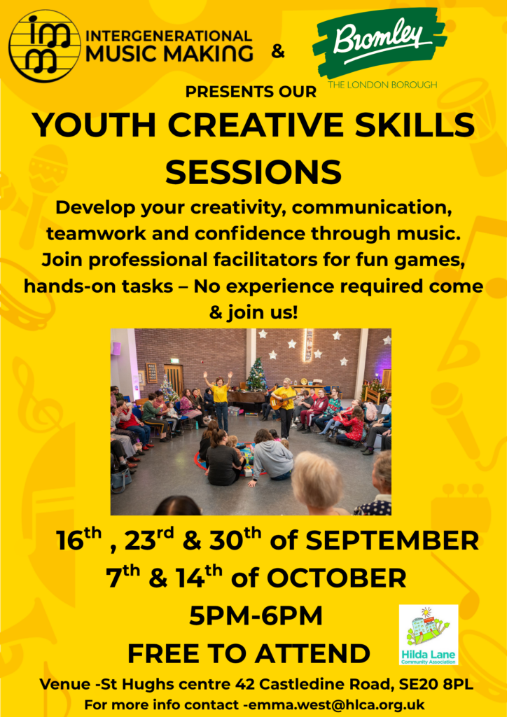 Yellow flyer for Youth Creative Skills Sessions showing a music circle in a hall, with dates, time and venue.