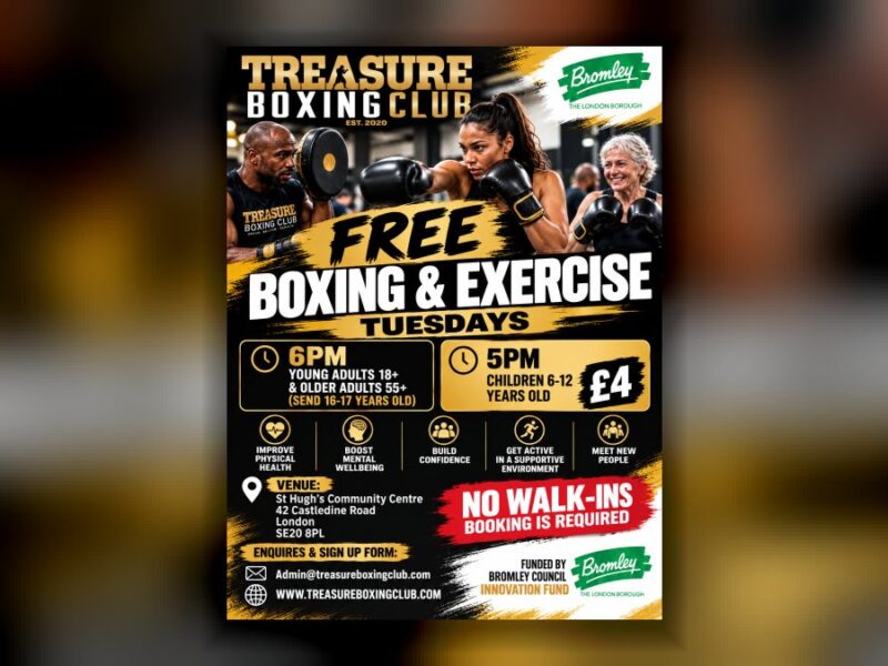 Flyer for free boxing and exercise Tuesdays by Treasure Boxing Club at St Hugh's Community Centre, booking required.