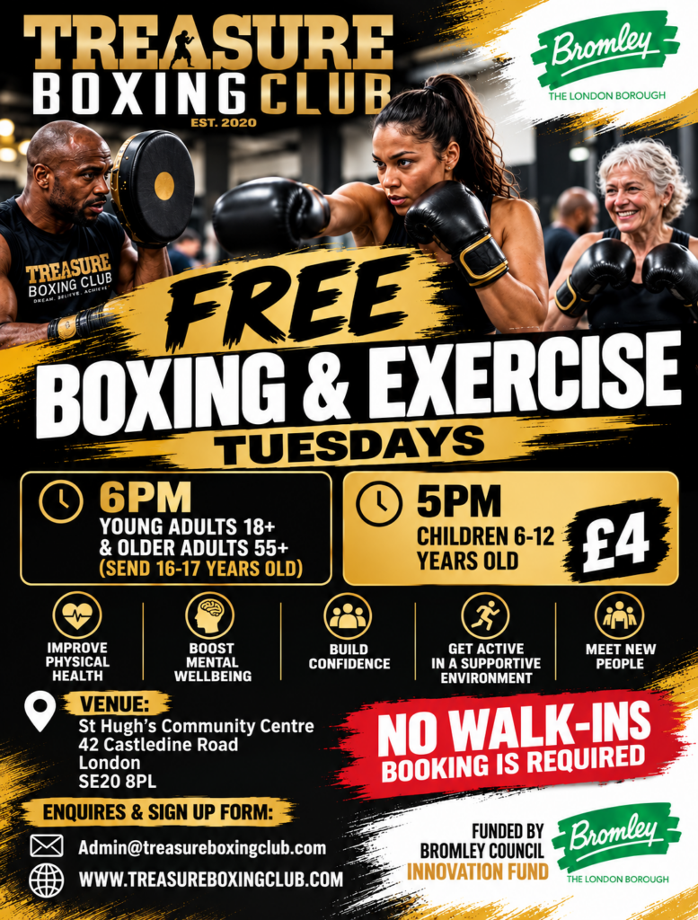 Flyer for free boxing and exercise Tuesdays by Treasure Boxing Club at St Hugh's Community Centre, booking required.