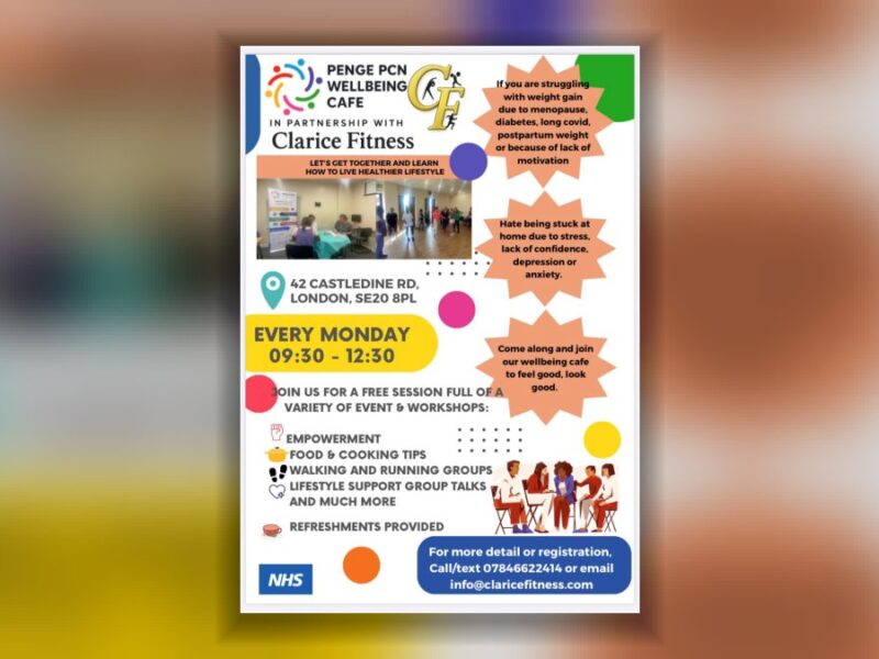 Flyer for the Penge PCN Wellbeing Cafe with Clarice Fitness, every Monday 09:30 to 12:30 at 42 Castledine Rd.