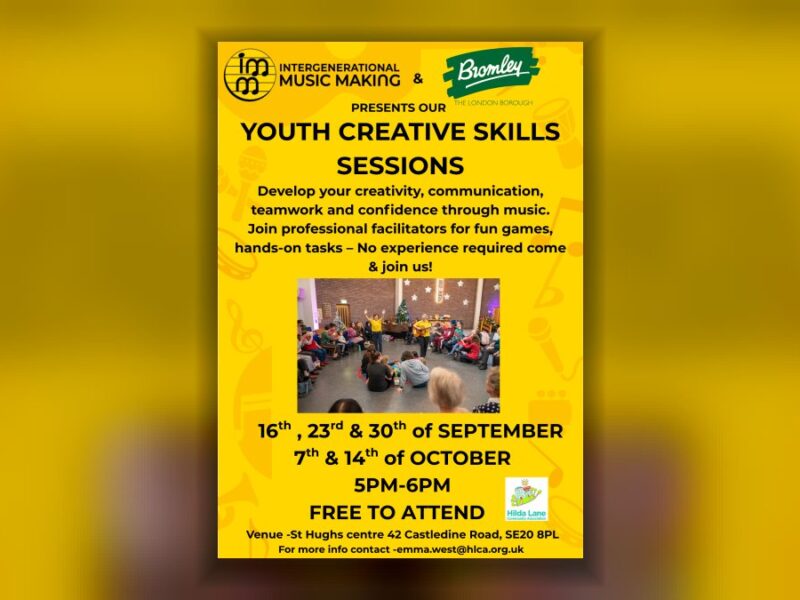Yellow flyer for Youth Creative Skills Sessions showing a music circle in a hall, with dates, time and venue.